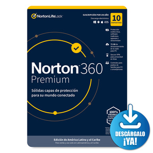 Antivirus Norton 360 Premium Descargable / Licencia 1 año / 10 dispositivos / PC / Laptop / Mac / Dispositivos móviles