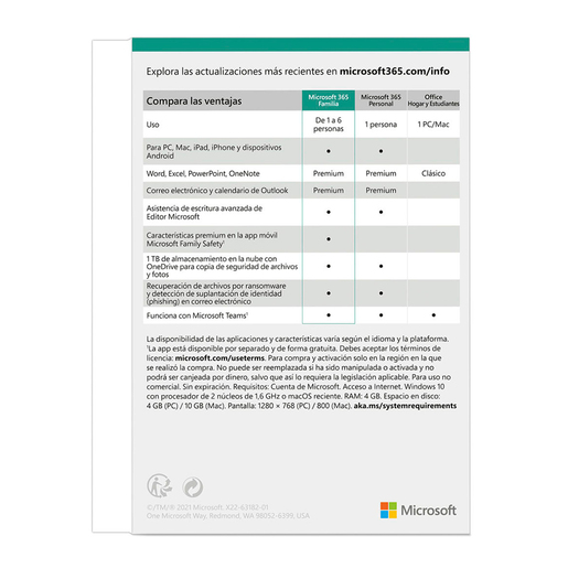 Microsoft Office 365 Familia / Licencia 1 año / 6 usuarios / PC / Laptop / Mac / Dispositivos móviles