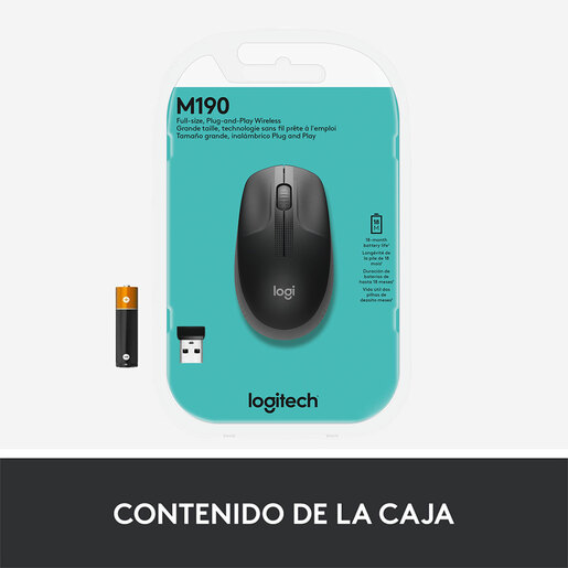 Mouse Inalámbrico Logitech M190 / Nano receptor USB / Negro con gris / PC / Laptop / Mac
