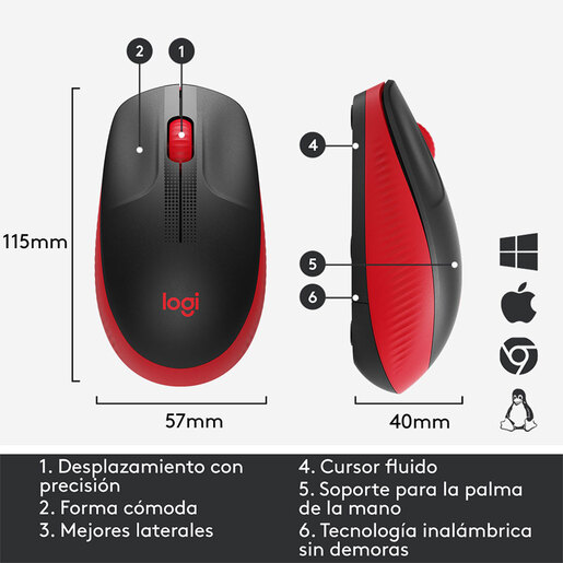 Mouse Inalámbrico Logitech M190 / Nano receptor USB / Rojo con negro / PC / Laptop / Mac