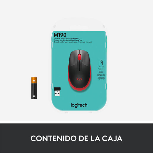 Mouse Inalámbrico Logitech M190 / Nano receptor USB / Rojo con negro / PC / Laptop / Mac