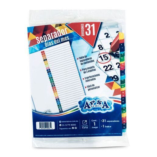 Juego de Separadores e Índice Numerados Apsa 32 piezas