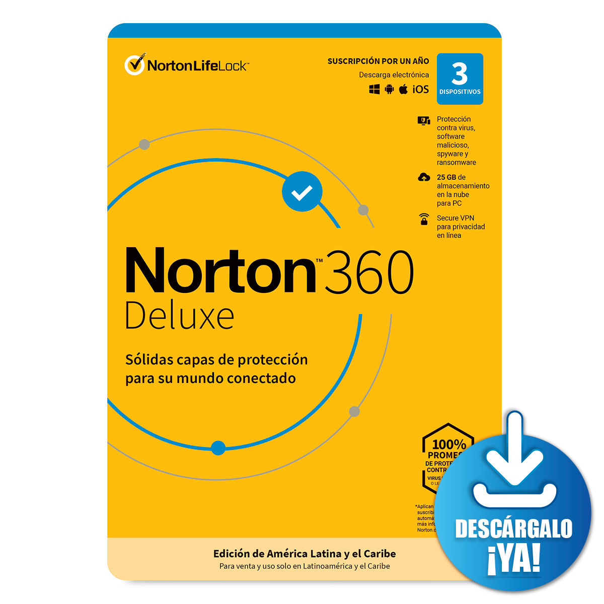 Antivirus Norton 360 Deluxe Descargable / Licencia 1 año / 3 dispositivos / PC / Laptop / Mac / Dispositivos móviles