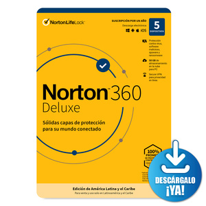 Antivirus Norton 360 Deluxe Descargable / Licencia 1 año / 5 dispositivos / PC / Laptop / Mac / Dispositivos móviles