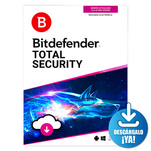 Antivirus Bitdefender Total Security Descargable / Licencia 1 año / 10 usuarios / PC / Mac / Dispositivos móviles Antivirus Bitdefender Total Security Descargable / Licencia 1 año / 10 usuarios / PC / Mac / Dispositivos móviles