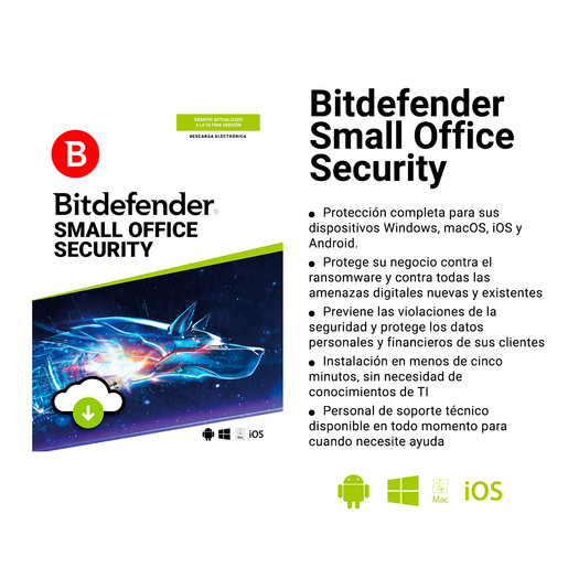 Antivirus Bitdefender Small Office Security Descargable / Licencia 3 años / 5 usuarios / 1 servidor / PC / Mac / Dispositivos móviles