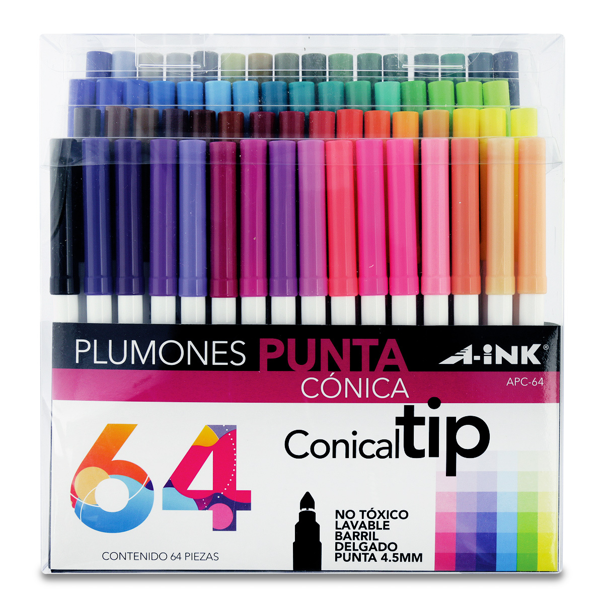 Plumones A-ink Conical Tip APC-64 Punta cónica Colores surtidos 64 piezas | Office Depot Mexico