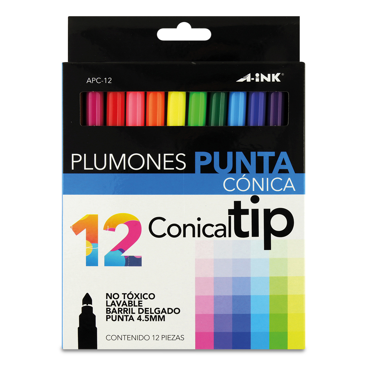 Plumones A-ink Conical Tip APC-12 Lavables Punta cónica Colores surtidos 12  piezas | Office Depot Mexico