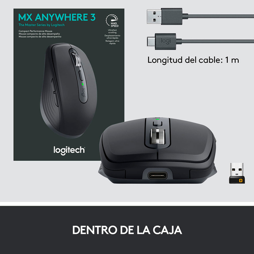 Mouse Inalámbrico Logitech MX Anywhere 3 / Receptor USB / Bluetooth / USB Tipo C / Negro / PC / Laptop / Mac / Chrome OS / Linux / Recargable