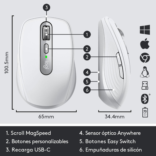 Mouse Inalámbrico Logitech MX Anywhere 3 / Receptor USB / Bluetooth / USB Tipo C / Gris / PC / Laptop / Mac / Chrome OS / Linux / Recargable