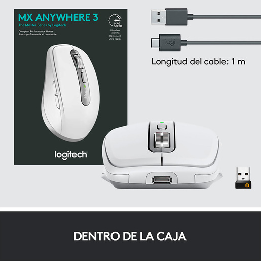 Mouse Inalámbrico Logitech MX Anywhere 3 / Receptor USB / Bluetooth / USB Tipo C / Gris / PC / Laptop / Mac / Chrome OS / Linux / Recargable