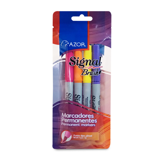Marcador Permanente Azor Signal Brush / Punta pincel / Magenta amarillo violeta naranja / 4 piezas