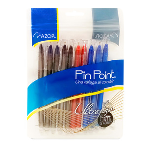 Plumas Azor Pin Point / Punto ultrafino / Tinta negra roja azul / 10 piezas