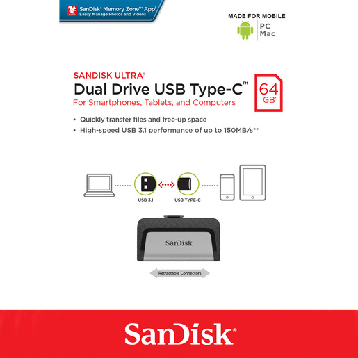 Memoria USB SanDisk Ultra Dual Drive / 64gb / USB 3.1 / USB Tipo C / Negro con plata / Android OTG