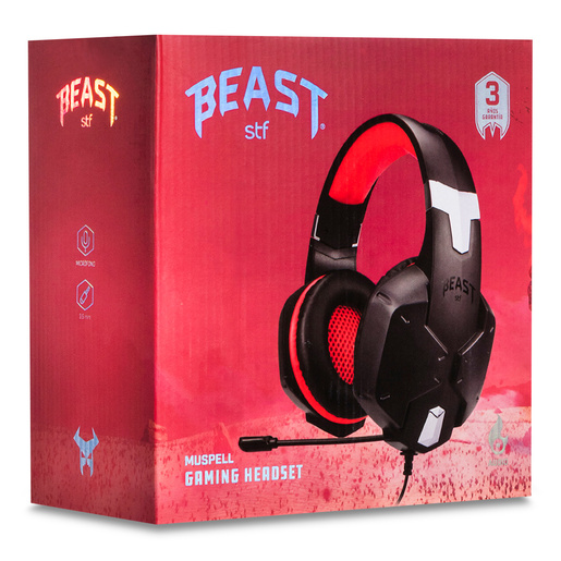  Audífonos Gamer STF Muspell Beast / 3.5 mm / Laptop / PC / Smartphone / Tablet / PS4 / PS5 / Xbox One / Xbox Series / MacOS / Negro con rojo