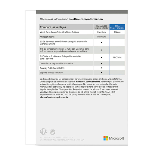 Microsoft Office Hogar y Empresas 2021 / 1 usuario / 1 dispositivo / PC / Laptop / Mac