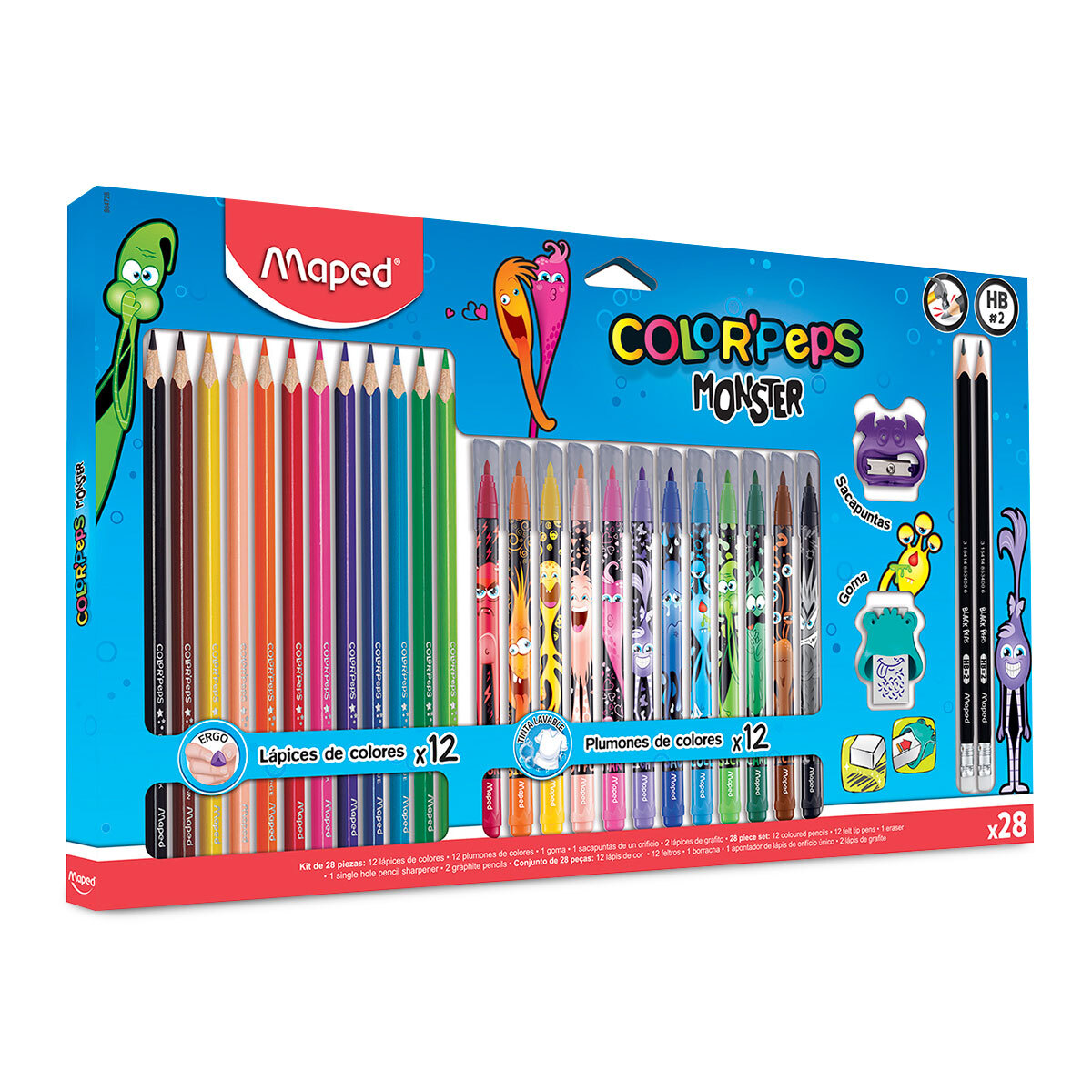 Set de Dibujo Maped Color Peps Monster 12 lápices de colores triangulares  12 plumones 2 lápices de grafito Goma y sacapuntas | Office Depot Mexico