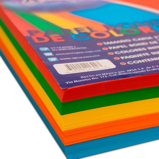 Hojas de Colores APSA PB020 / Paquete 500 hojas / Carta / Surtido 5 colores intensos / 75 gr