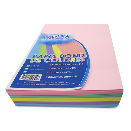 Hojas de Colores APSA PB058 / Paquete 500 hojas / Carta / Surtido 5 colores pastel / 75 gr