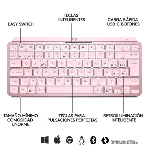 Teclado Inalámbrico Logitech MX Keys Mini / Bluetooth / Retroiluminación / Multidispositivo / Compacto / Español / Rosa