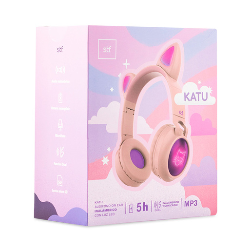Audífonos de Diadema Bluetooth STF Katu Led On ear Inalámbricos Entrada 3.5 mm Rosa