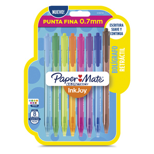 Plumas Retráctiles Paper Mate Kilométrico InkJoy / Punta fina / Colores surtidos / 8 piezas Plumas Retráctiles Paper Mate Kilométrico InkJoy / Punta fina / Colores surtidos / 8 piezas