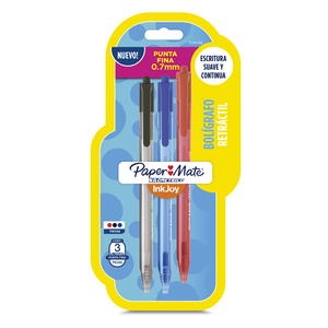 Plumas Retráctiles Paper Mate Kilométrico InkJoy / Punta fina / Colores surtidos / 3 piezas Plumas Retráctiles Paper Mate Kilométrico InkJoy / Punta fina / Colores surtidos / 3 piezas