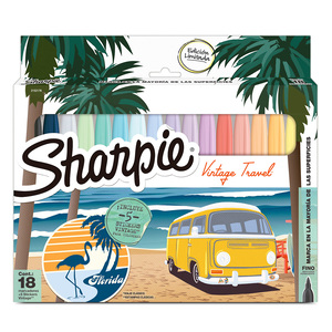 Marcadores Permanentes Sharpie Vintage Travel / Punta fina / Colores surtidos / 18 piezas Marcadores Permanentes Sharpie Vintage Travel / Punta fina / Colores surtidos / 18 piezas