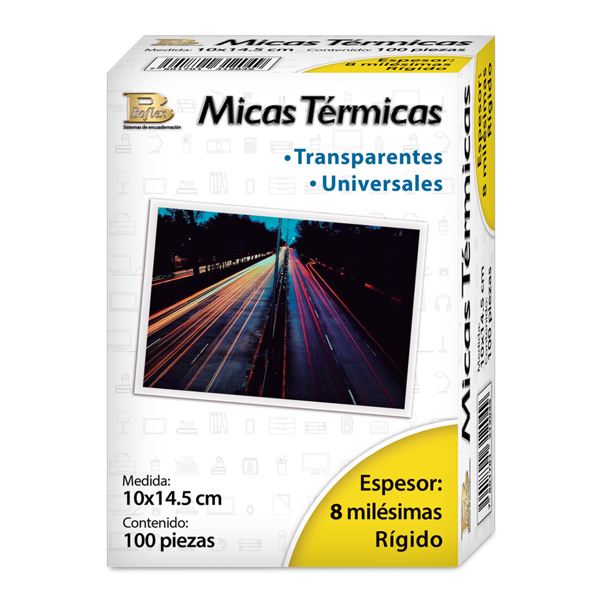 Micas Térmicas Transparentes Boflex / 10 x 14.5 cm / 8 mil / 100 piezas