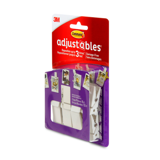 1 Pack 3M Command Adjustables 8 White Spring Clips & 12 Adhesive Strips Per Pack 1 Pack 3M Command Adjustables 8 White Spring Clips & 12 Adhesive Strips Per Pack