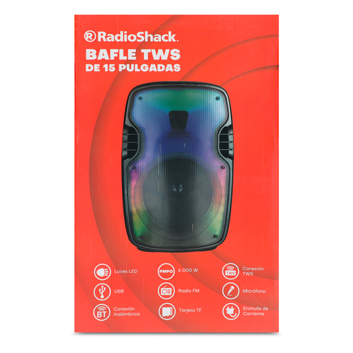 Bafle Recargable RadioShack F22 15 pulg. Bluetooth USB Luz Frontal Flama