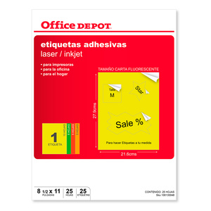 Etiquetas Adhesivas para Impresión OfficeDepot Carta Colores 25 hojas  Etiquetas Adhesivas para Impresión OfficeDepot Carta Colores 25 hojas