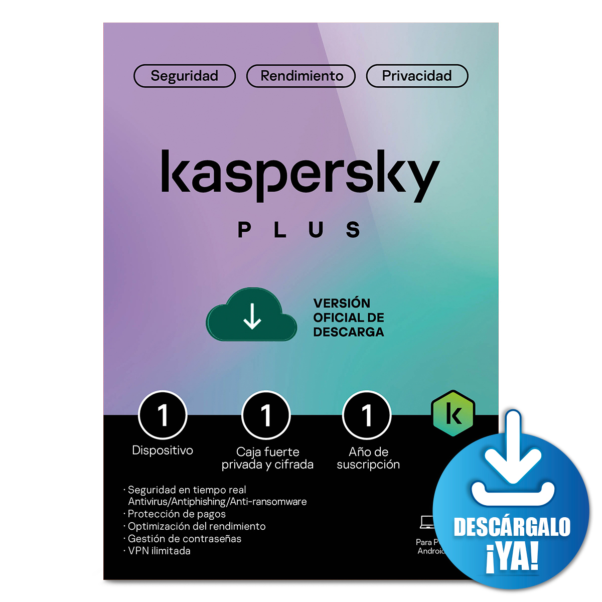 Antivirus Kaspersky Plus Licencia 1 año 1 dispositivo PC/macOS/iOS y Android Descargable