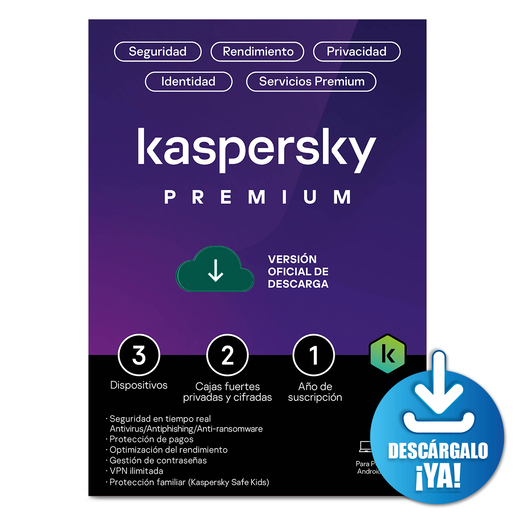 Antivirus Kaspersky Premium Licencia 1 año 3 dispositivos PC/macOS/iOS y Android Descargable