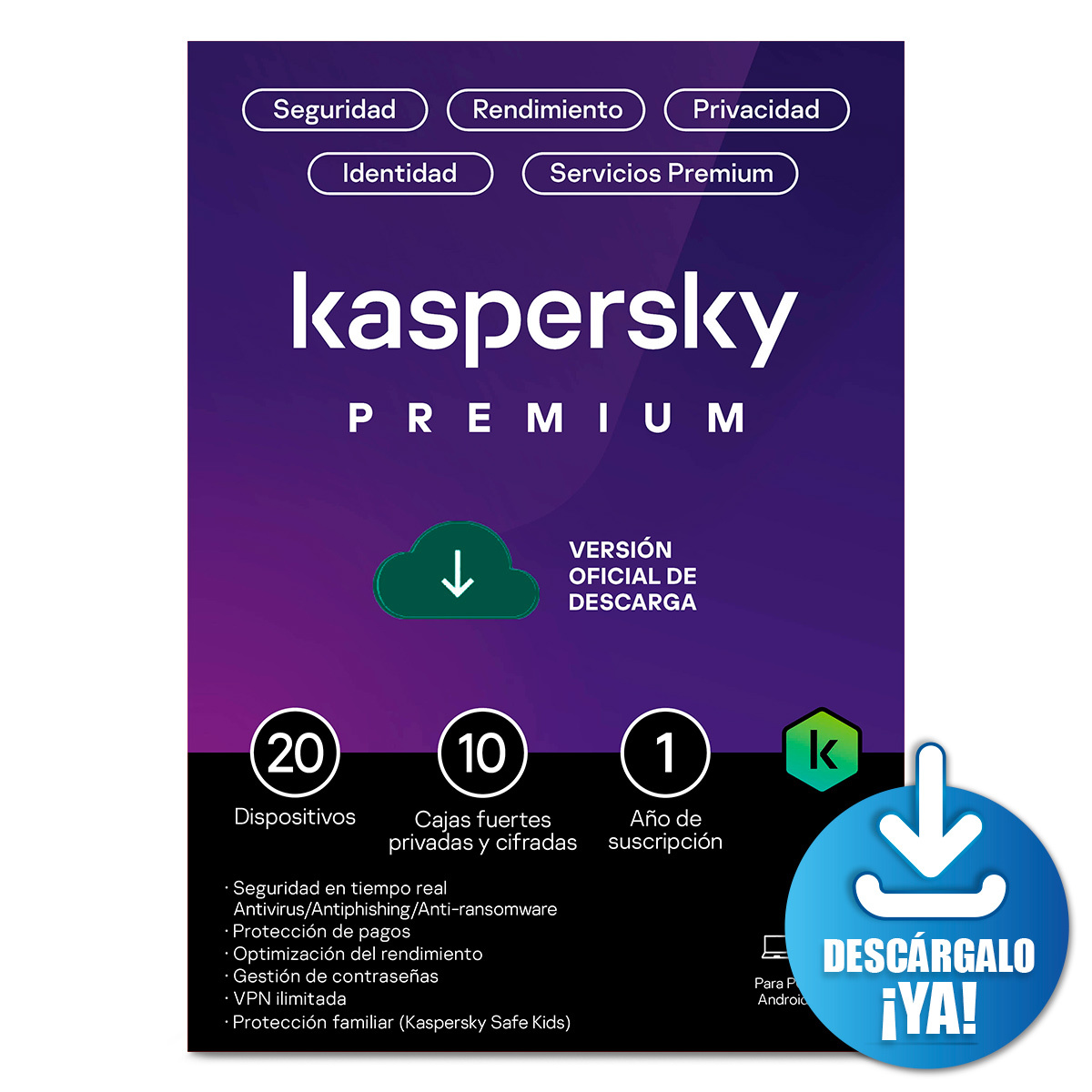 Antivirus Kaspersky Premium Licencia 1 año 20 dispositivos PC/macOS/iOS y Android Descargable