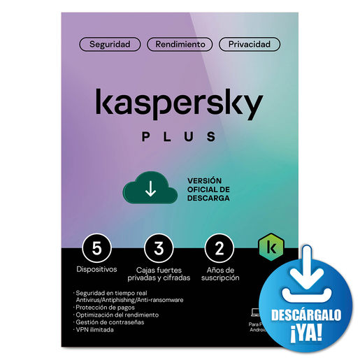 Antivirus Kaspersky Plus Licencia 2 años 5 dispositivos PC/macOS/iOS y Android Descargable
