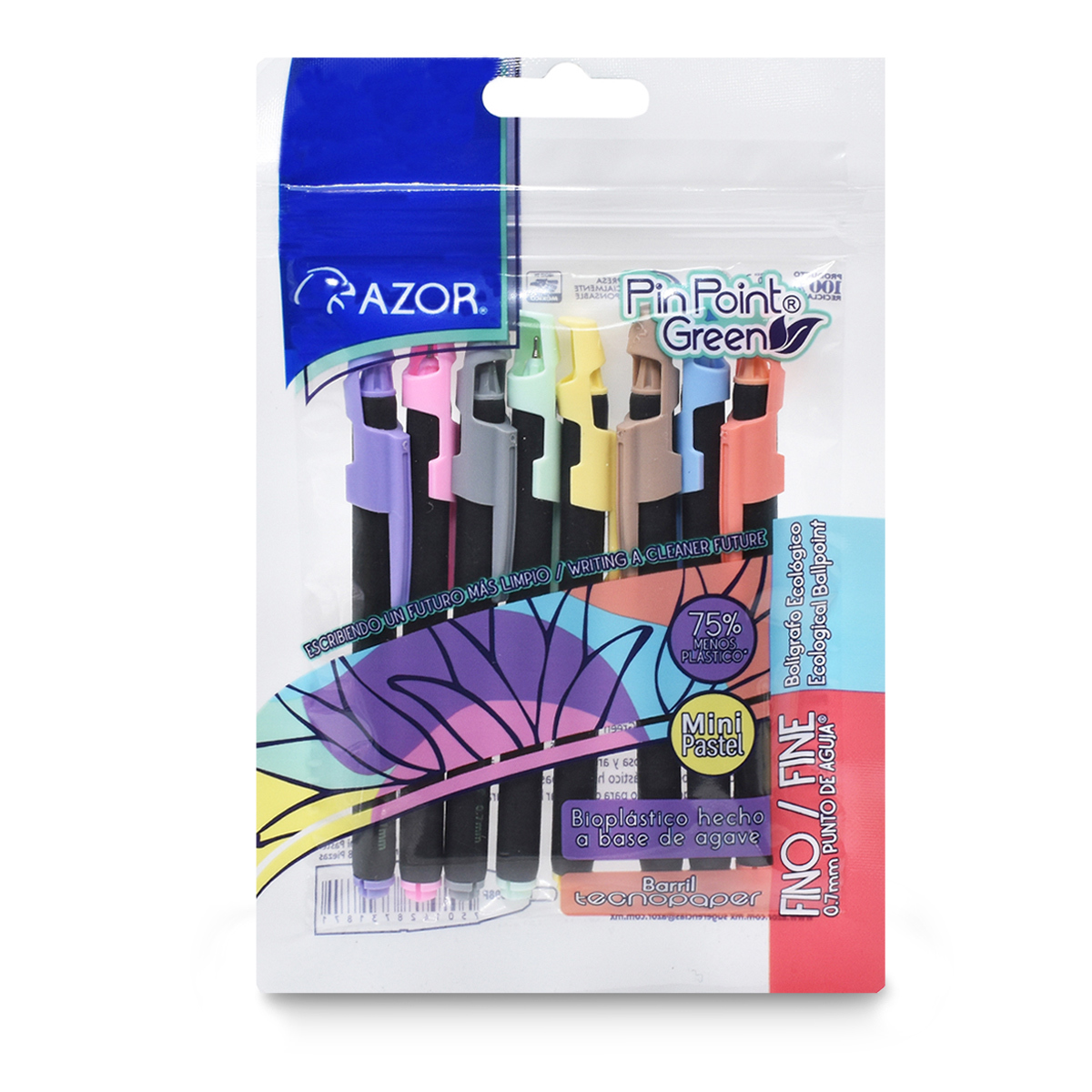 Plumas Azor Pin Point Green Colores Pastel 8 piezas | Office Depot Mexico