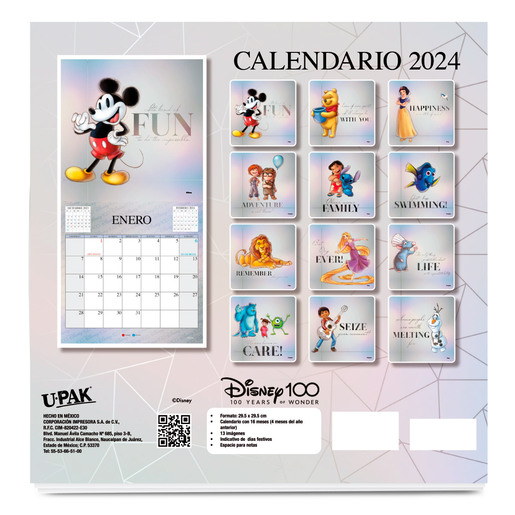 Calendario Disney 100 Años 2024 Upak 28 páginas
