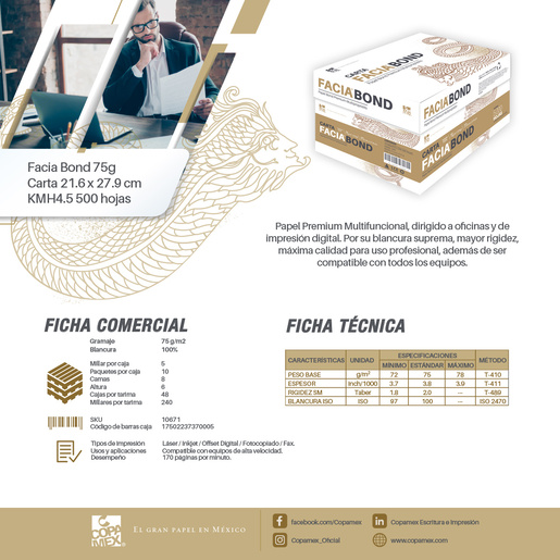 Caja de Papel Facia Bond Premium / Carta / 5000 hojas / Blanco