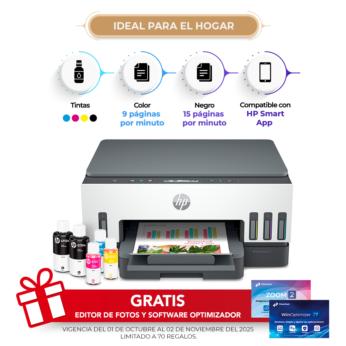 Impresora Multifuncional HP Smart Tank 720 Tinta Continua Color WiFi HP Smart App Bluetooth USB Dúplex Automático