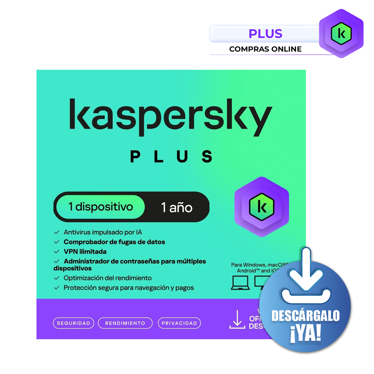 Antivirus Kaspersky Plus 1 Dispositivo 1 Año Descargable
