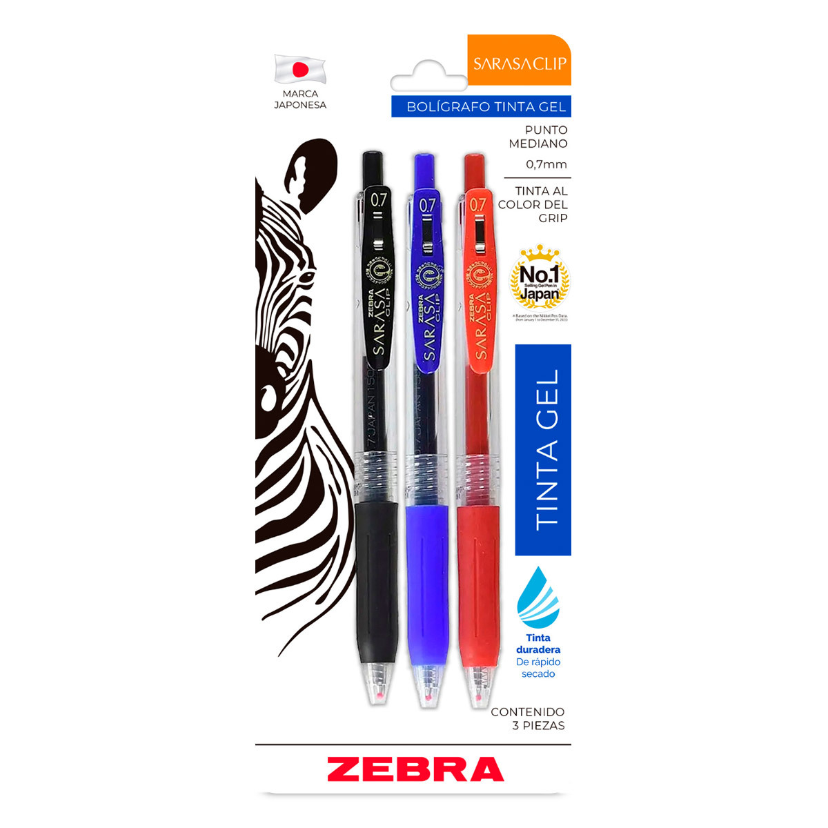 Bolígrafo de Gel Rollerball Zebra Sarasa Clip Punto Mediano 3 piezas