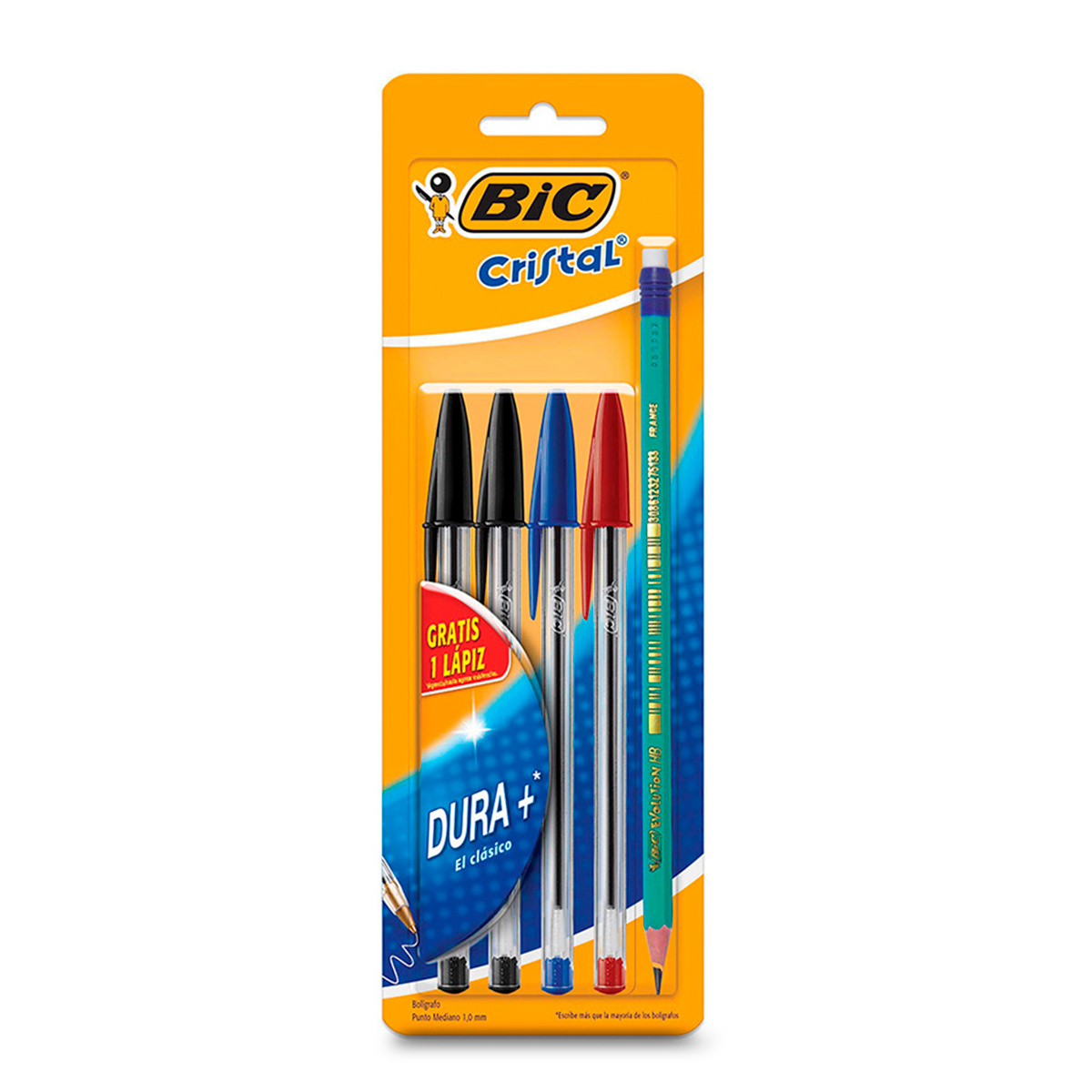 Plumas Bic Cristal Dura Más / Punto mediano / Tinta negra roja azul / 4 piezas más lápiz