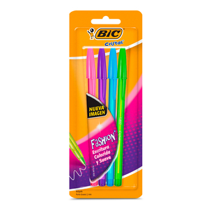 Plumas Bic Cristal Fashion / Punto grueso / Tinta verde azul morada rosa / 4 piezas