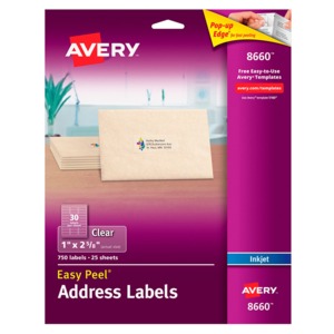 Etiquetas Inkjet Avery 1 x 2 5/8 de pulg. Transparente 750 piezas
