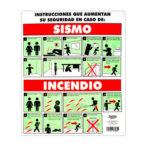 LETRERO SABLON EN CASO DE SISMO/INCENDIO (33X40)