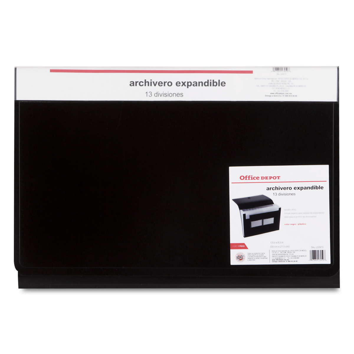 Archivero Expandible de Plástico con Broche de Velcro Oficio Office Depot / 13 Divisiones / Negro