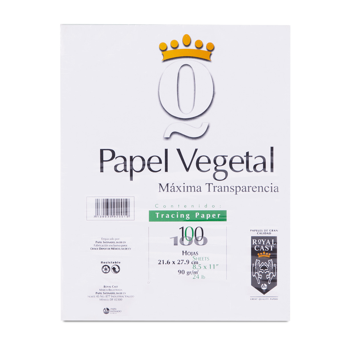 Papel Vegetal Royal Cast 100 hojas Carta Transparente 95 gr | Office Depot  Mexico