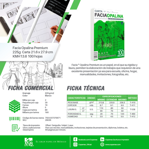 Cartulina Opalina Copamex Facia Premium Multifuncional / 100 hojas / Carta / Blanco / 225 gr