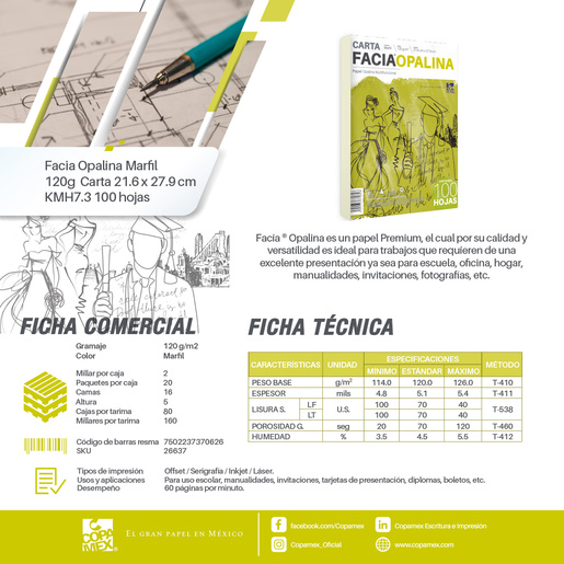 Papel Opalina Copamex Facia Premium Multifuncional / 100 hojas / Carta / Marfil / 120 gr